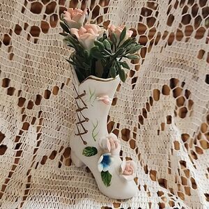 Vintage Bisque Porcelain Floral Miniature Lace Up Boot Vase